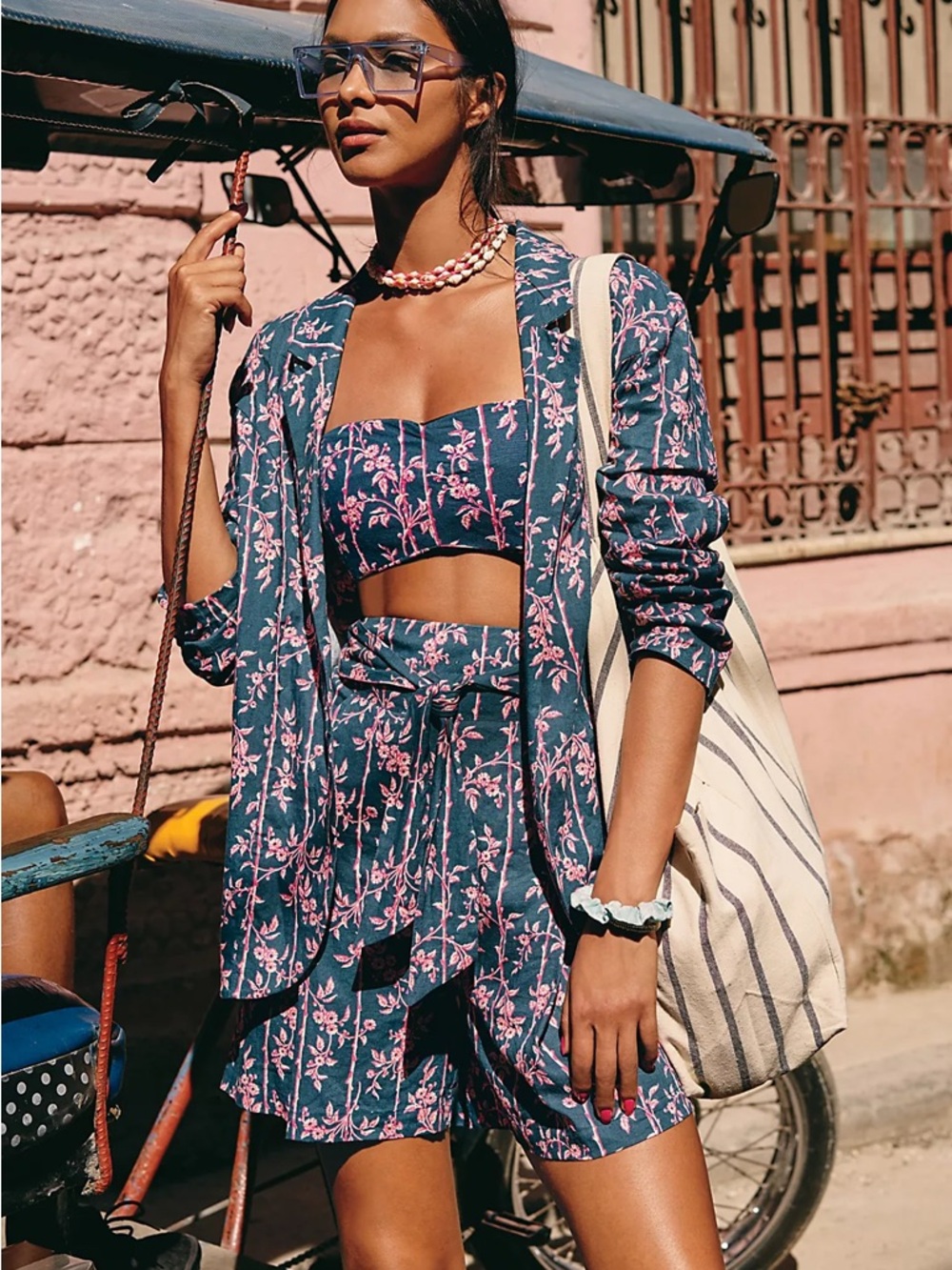 Free People Poolside 2 Piece Linen Set Blue Combo Coastal Boho Medium